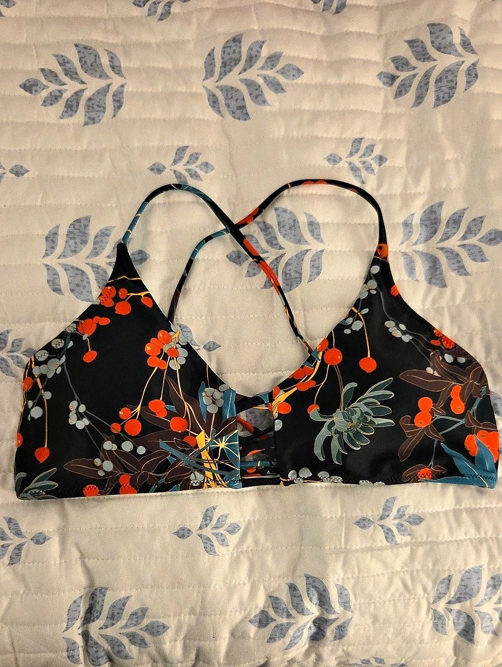 RELLECIGA Floral Bikini Top in Black & Orange Size Large